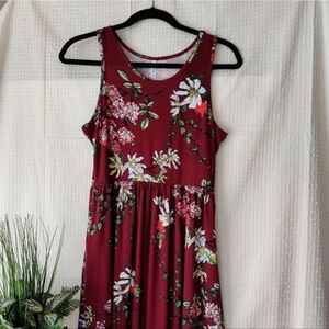 Longyuan, Sleeveless Maroon Floral Summer Dress Size M
